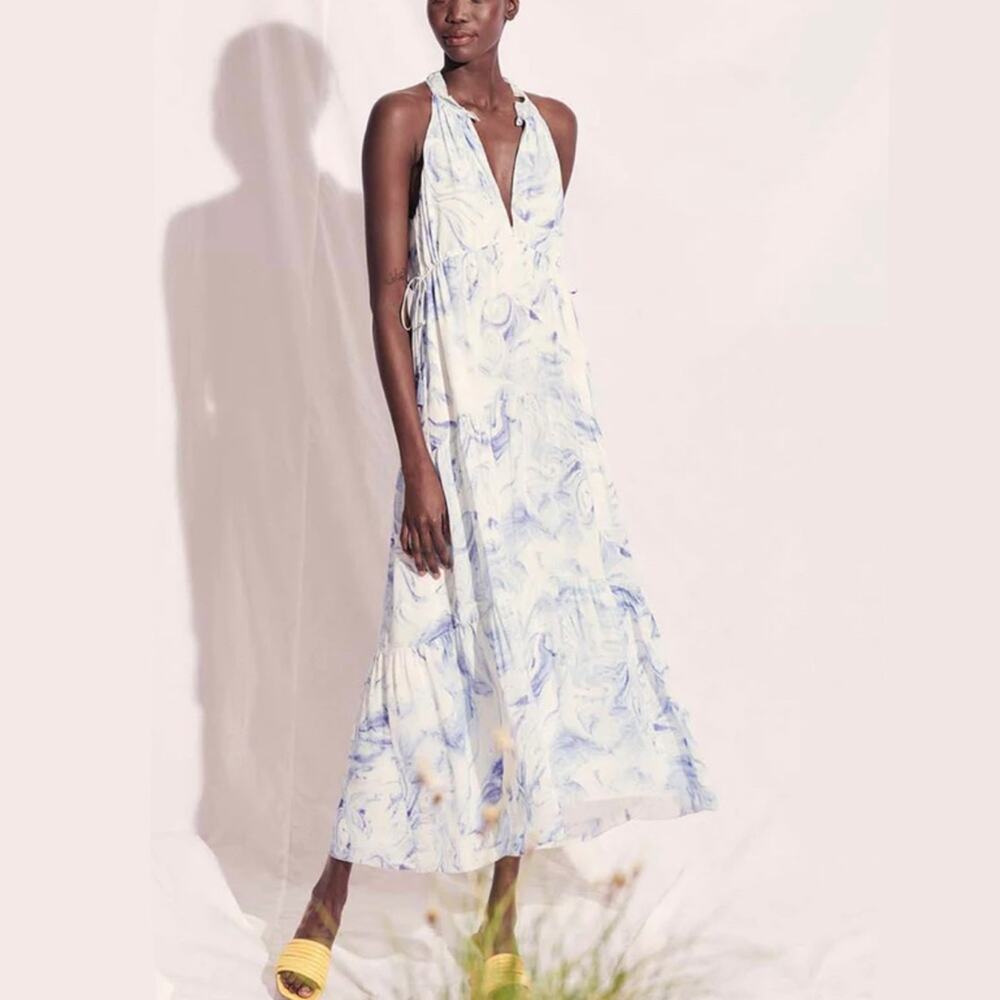 NWT Saylor Annela Sleeveless Tiered Ruffle Midi Dress M in Marble Blue White